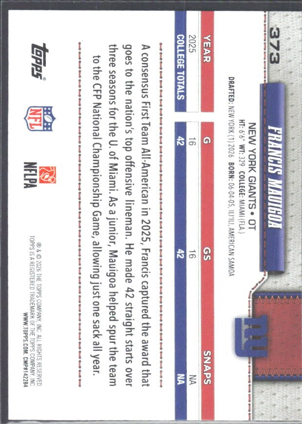 2026 Topps Flagship Football Francis Mauigoa RC #373 – baksida