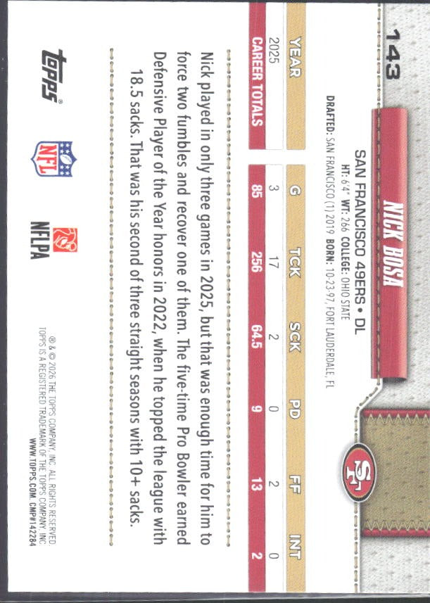 2026 Topps Flagship Football Nick Bosa #143 – baksida