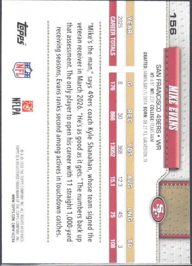 2026 Topps Flagship Football Mike Evans #156 – baksida