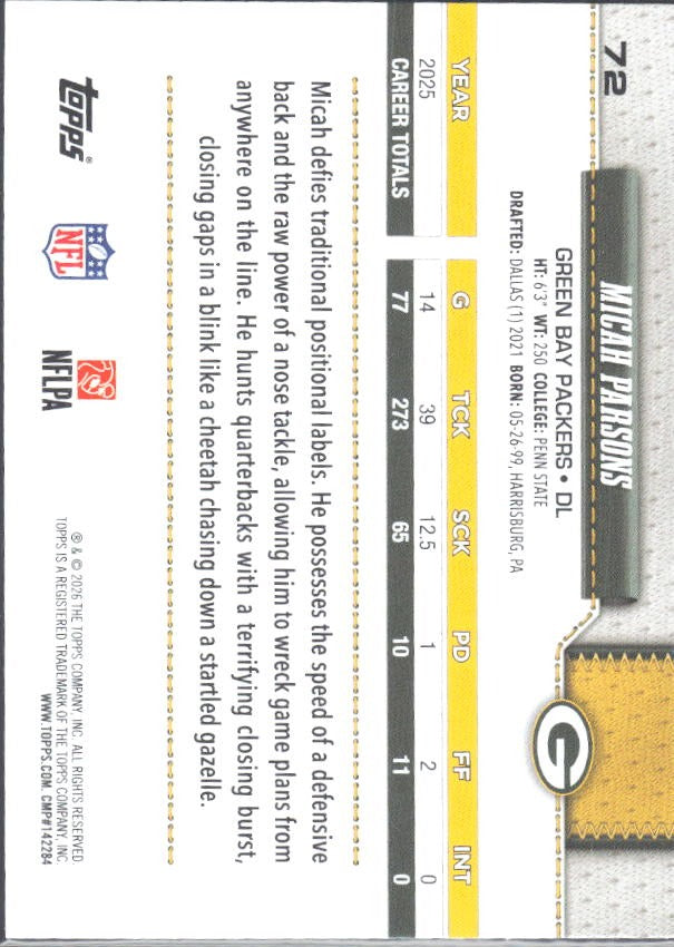 2026 Topps Flagship Football Micah Parsons #72 – baksida