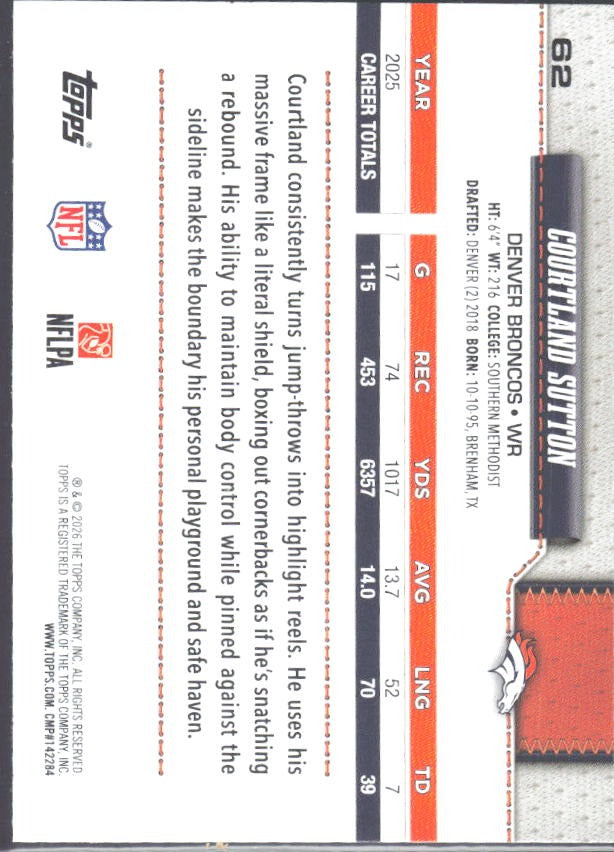 2026 Topps Flagship Football Courtland Sutton #62 – baksida
