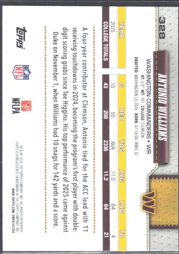 2026 Topps Flagship Football Antonio Williams RC #328 – baksida