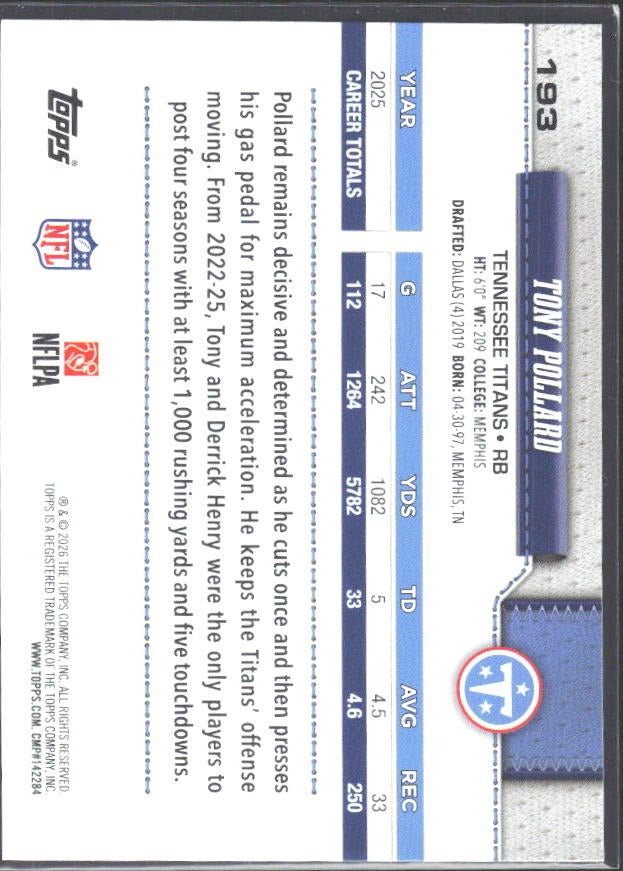 2026 Topps Flagship Football Tony Pollard #193 – baksida