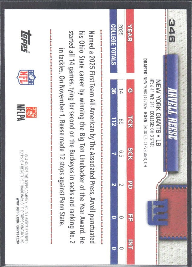 2026 Topps Flagship Football Arvell Reese RC #346 – baksida