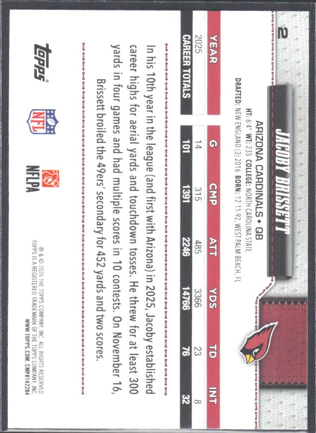 2026 Topps Flagship Football Jacoby Brissett #2 – baksida