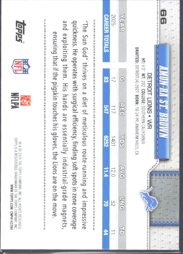 2026 Topps Flagship Football Amon-Ra St. Brown #66 – baksida