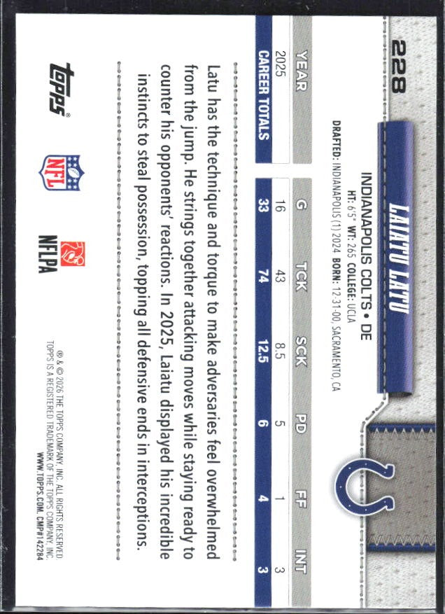 2026 Topps Flagship Football Laiatu Latu #228 – baksida