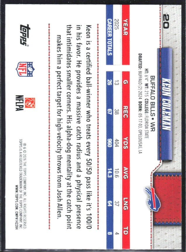2026 Topps Flagship Football Keon Coleman #20 – baksida