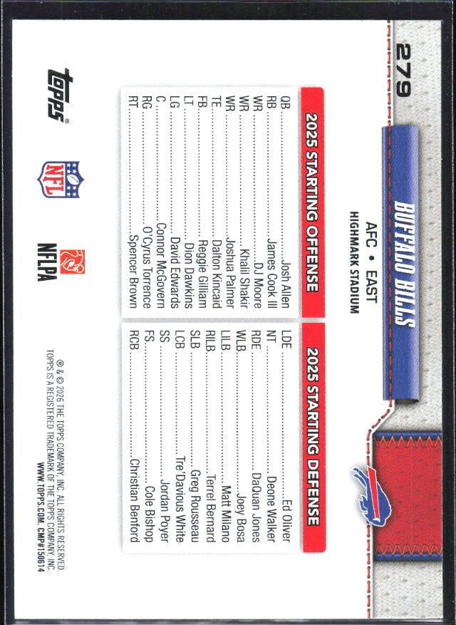 2026 Topps Flagship Football Buffalo Bills #279 – baksida