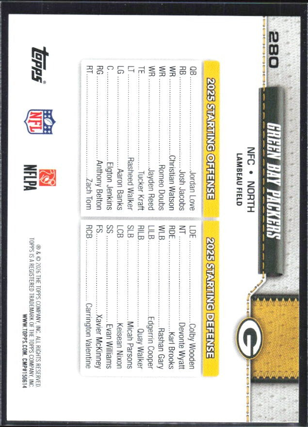 2026 Topps Flagship Football Green Bay Packers #280 – baksida