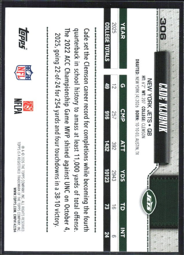 2026 Topps Flagship Football Cade Klubnik RC #306 – baksida