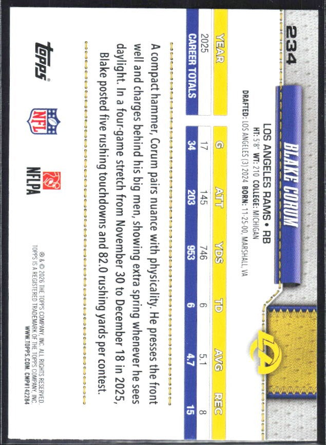 2026 Topps Flagship Football Blake Corum #234 – baksida