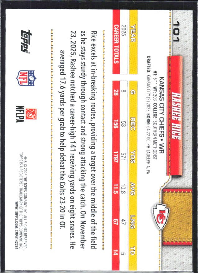 2026 Topps Flagship Football Rashee Rice #101 – baksida