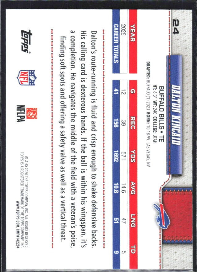 2026 Topps Flagship Football Dalton Kincaid #24 – baksida