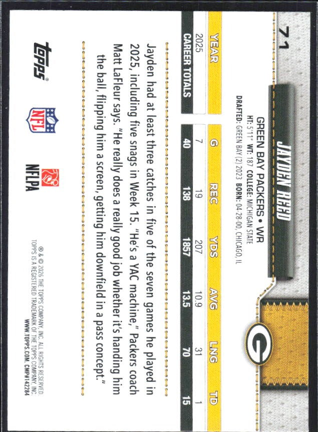 2026 Topps Flagship Football Jayden Reed #71 – baksida