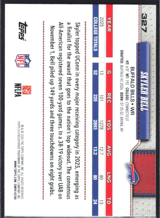 2026 Topps Flagship Football Skyler Bell RC #327 – baksida