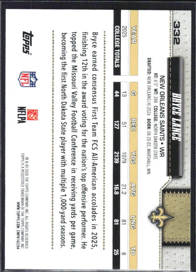 2026 Topps Flagship Football Bryce Lance RC #332 – baksida