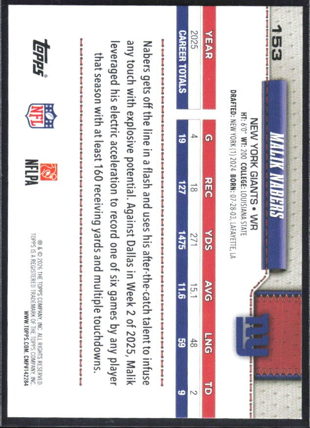 2026 Topps Flagship Football Malik Nabers #153 – baksida
