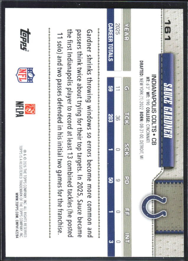 2026 Topps Flagship Football Sauce Gardner #161 – baksida
