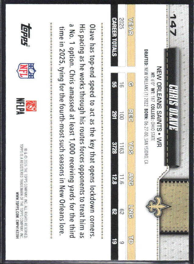 2026 Topps Flagship Football Chris Olave #147 – baksida