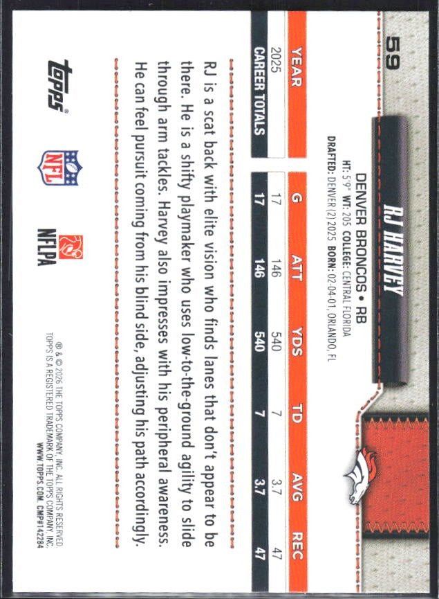 2026 Topps Flagship Football RJ Harvey #59 – baksida