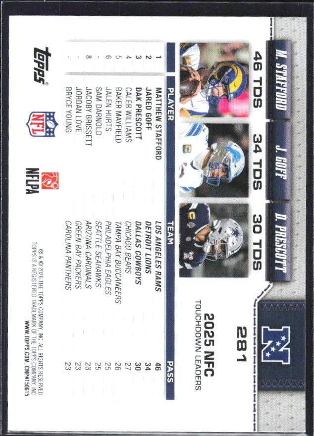 2026 Topps Flagship Football NFC Passing Leaders (Matthew Stafford / Dak Prescott / Jared Goff) #281 – baksida