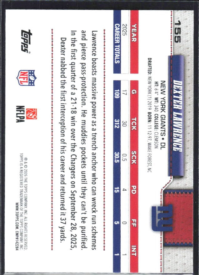 2026 Topps Flagship Football Dexter Lawrence #155 – baksida