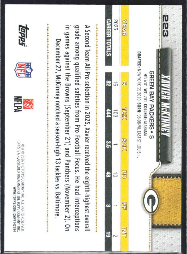 2026 Topps Flagship Football Xavier McKinney #223 – baksida