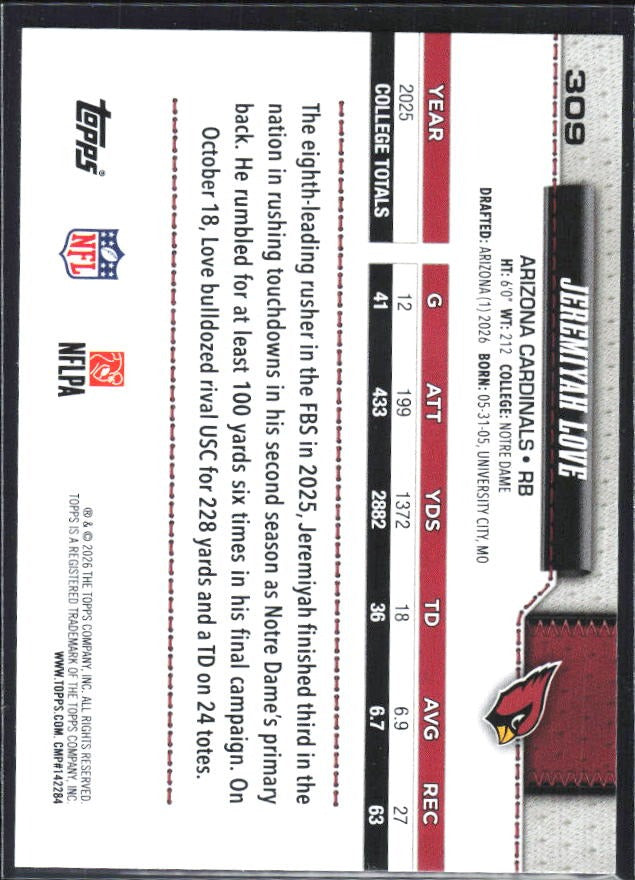 2026 Topps Flagship Football Jeremiyah Love RC #309 – baksida