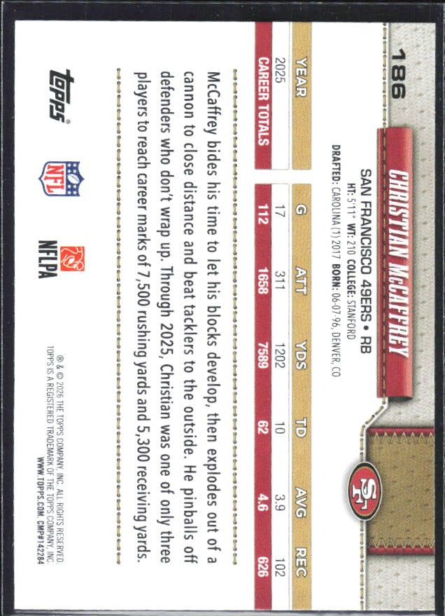 2026 Topps Flagship Football Christian McCaffrey #186 – baksida