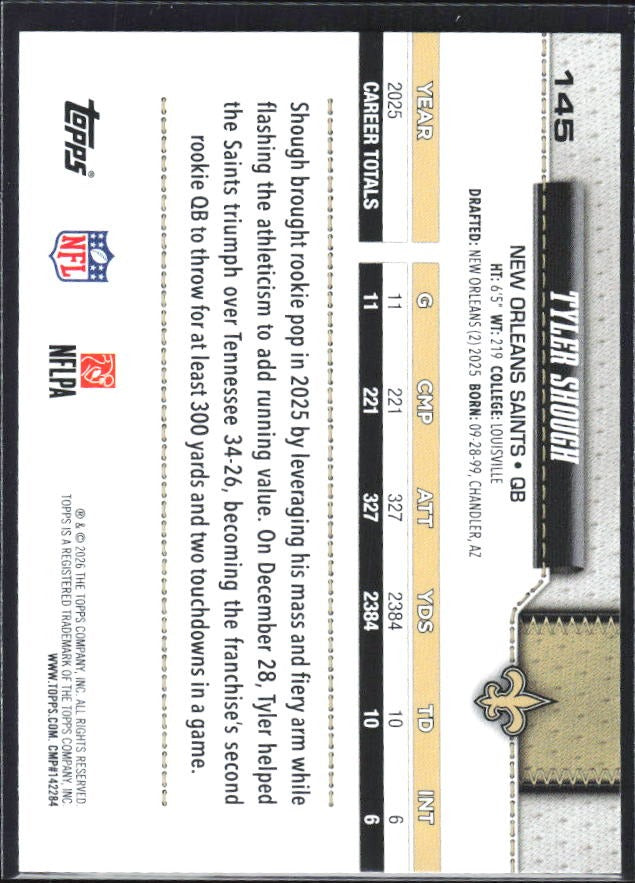 2026 Topps Flagship Football Tyler Shough #145 – baksida