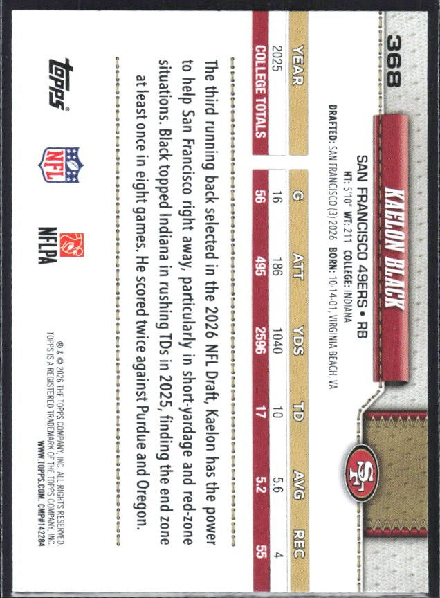 2026 Topps Flagship Football Kaelon Black RC #368 – baksida