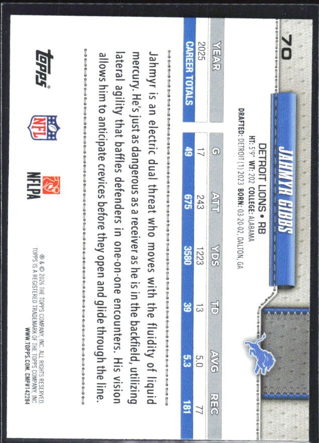 2026 Topps Flagship Football Jahmyr Gibbs #70 – baksida