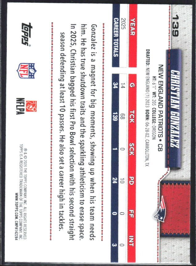 2026 Topps Flagship Football Christian Gonzalez #139 – baksida