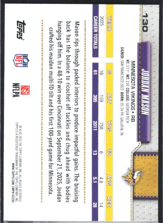 2026 Topps Flagship Football Jordan Mason #130 – baksida