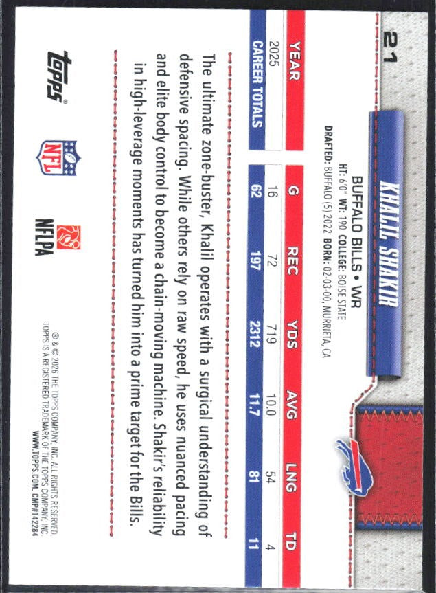 2026 Topps Flagship Football Khalil Shakir #21 – baksida