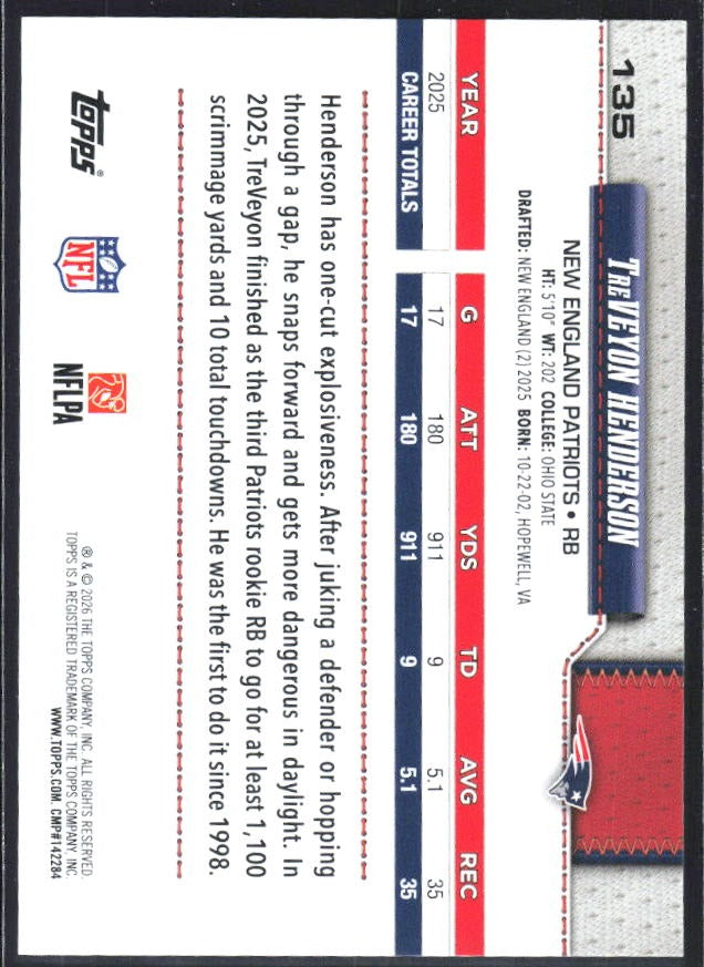 2026 Topps Flagship Football TreVeyon Henderson #135 – baksida