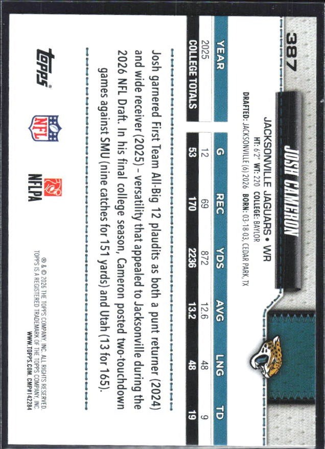 2026 Topps Flagship Football Josh Cameron RC #387 – baksida