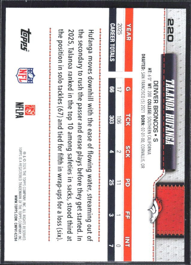 2026 Topps Flagship Football Talanoa Hufanga #220 – baksida