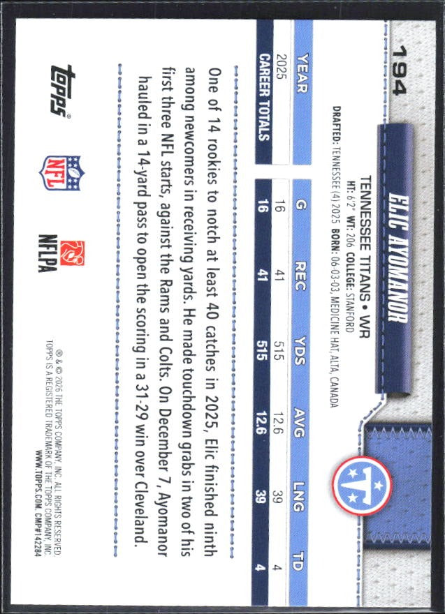 2026 Topps Flagship Football Elic Ayomanor #194 – baksida