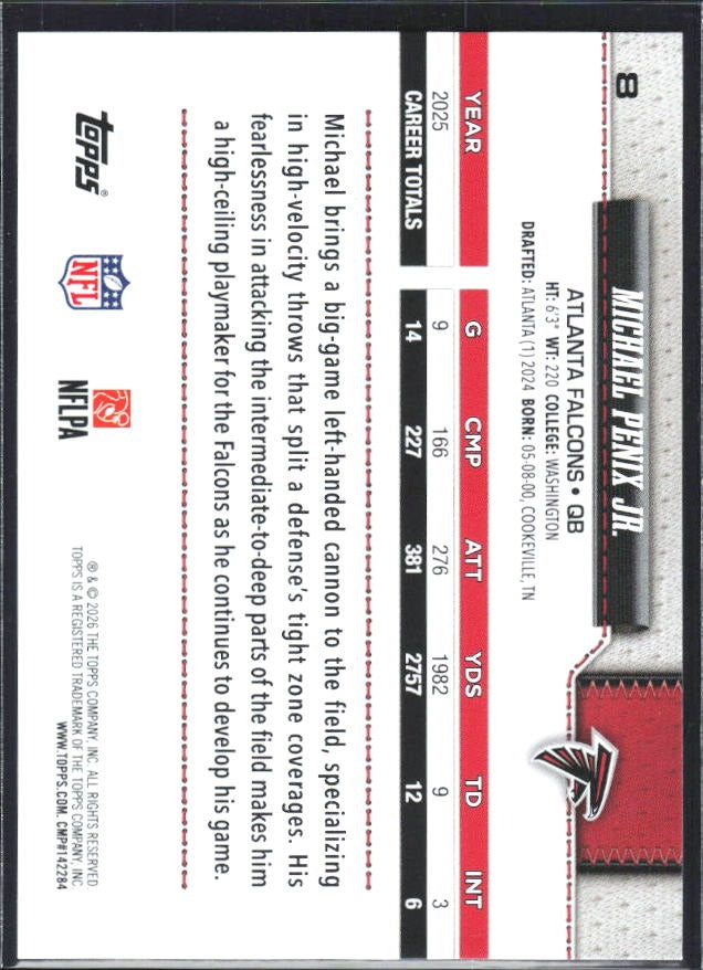 2026 Topps Flagship Football Michael Penix Jr. #8 – baksida