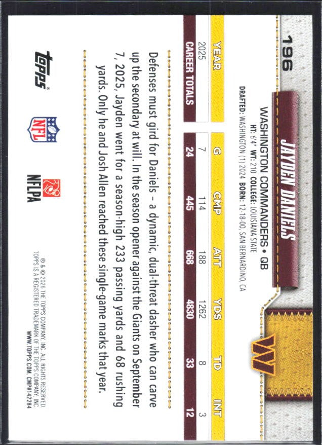 2026 Topps Flagship Football Jayden Daniels #196 – baksida