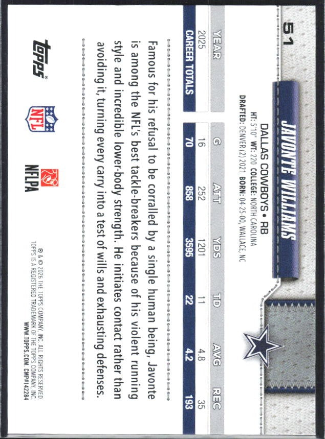 2026 Topps Flagship Football Javonte Williams #51 – baksida
