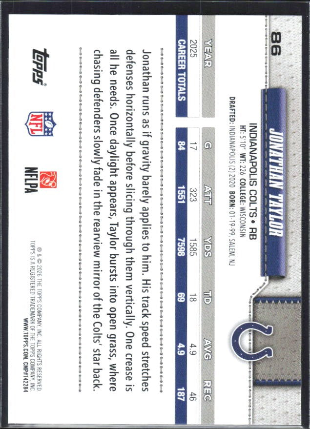 2026 Topps Flagship Football Jonathan Taylor #86 – baksida