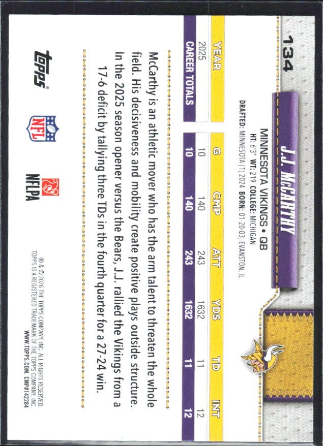 2026 Topps Flagship Football J.J. McCarthy #134 – baksida