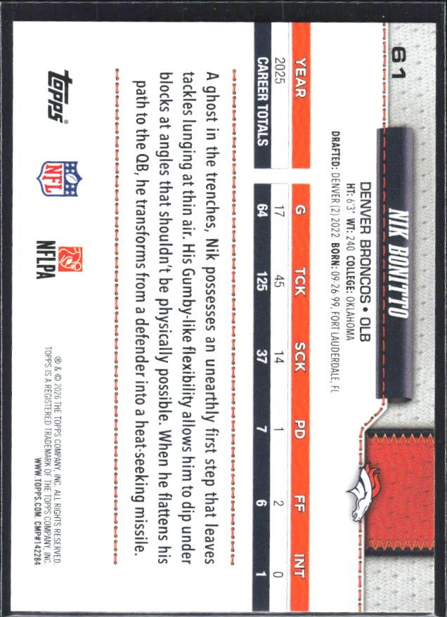 2026 Topps Flagship Football Nik Bonitto #61 – baksida