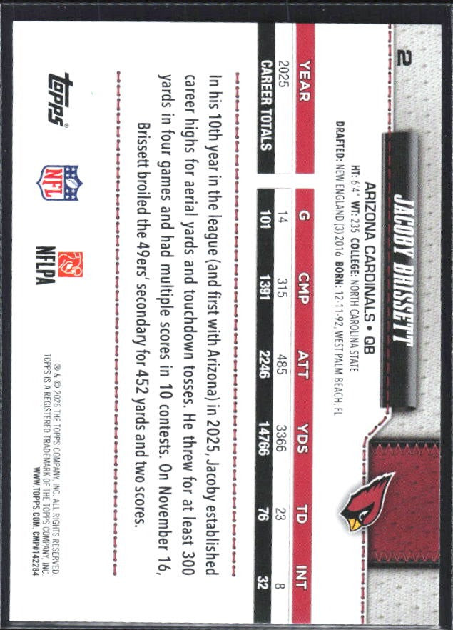 2026 Topps Flagship Football Jacoby Brissett #2 – baksida
