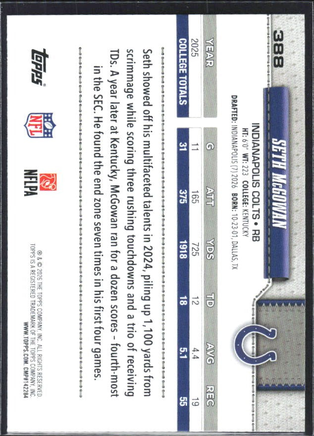 2026 Topps Flagship Football Seth McGowan RC #388 – baksida