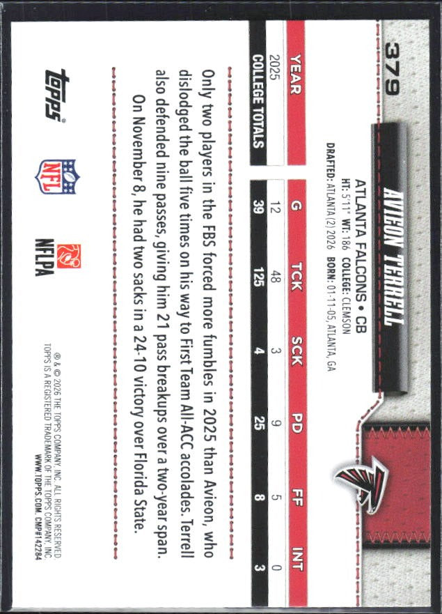 2026 Topps Flagship Football Avieon Terrell RC #379 – baksida