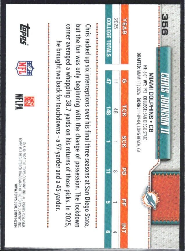 2026 Topps Flagship Football Chris Johnson II RC #356 – baksida